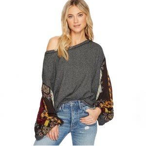Free People Gray Long Sleeve Top with Multicolor Accents